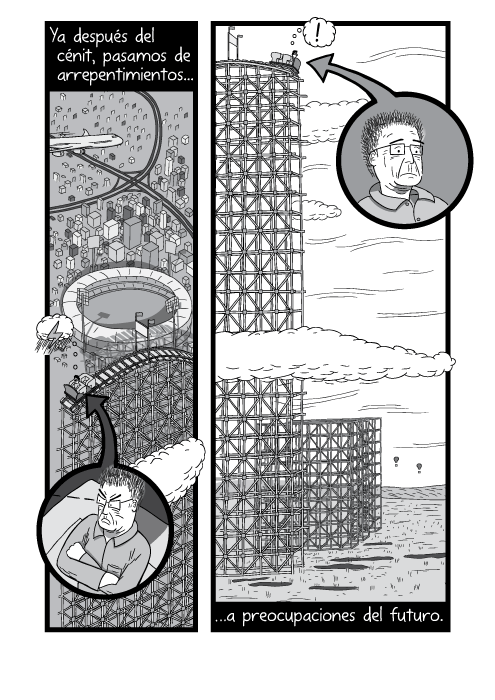 Blanco y negro cómica. Ya después del cénit, pasamos de arrepentimientos a preocupaciones del futuro.