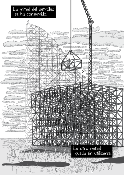 Blanco y negro cómica. La mitad del petróleo se ha consumido. La otra mitad queda sin utilizarse.