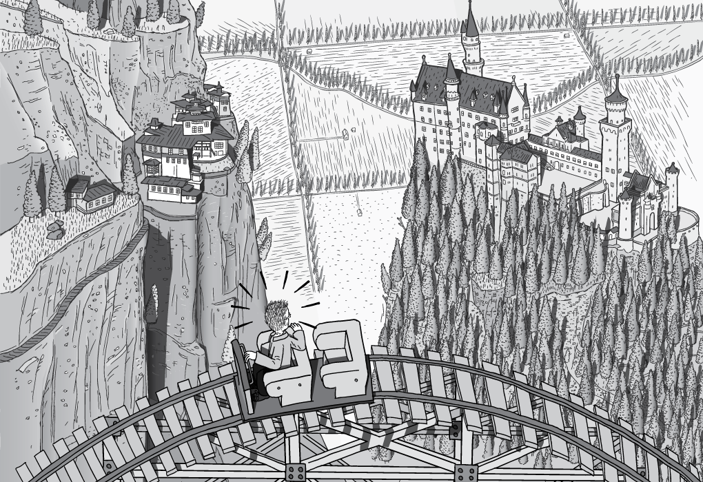 Tira cómica de la vista superior de un hombre en una montaña rusa. Dibujo en blanco y negro del Monasterio Paro Taktsang y el Castillo Neuschwanstein. Ilustración cómica de Stuart McMillen sobre la montaña rusa de King Hubbert.