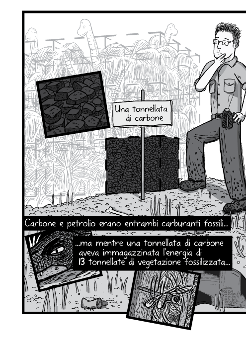 Una tonnellata di carbone. Carbone e petrolio erano entrambi carburanti fossili ma mentre una tonnellata di carbone aveva immagazzinata l'energia di 13 tonnellate di vegetazione fossilizzata...
