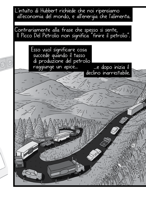 L'intuito di Hubbert richiede che noi ripensiamo all'economia del mondo, e all'energia che l'alimenta. Contrariamente alla frase che spesso si sente, Il Picco Del Petrolio non significa “finire il petrolio”. Esso vuol significare cosa succede quando il tasso di produzione del petrolio raggiunge un apice e dopo inizia il declino inarrestabile.
