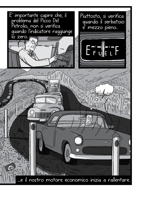 E' importante capire che, il problema del Picco Del Petrolio, non si verifica quando l'indicatore raggiunge lo zero. Piuttosto, si verifica quando il serbatoio e' mezzo pieno. ...e il nostro motore economico inizia a rallentare.