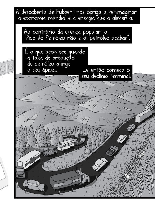 Desenho em cartum de estrada sinuosa na montanha. Cartum de carros subindo a colina. A descoberta de Hubbert nos obriga a re-imaginar a economia mundial e a energia que a alimenta. Ao contrário da crença popular, o Pico do Petróleo não é o "petróleo acabar". É o que acontece quando a taxa de produção de petróleo atinge o seu ápice e então começa o seu declínio terminal.