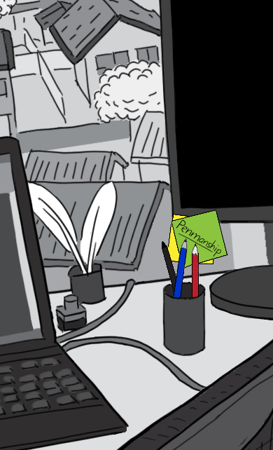 Thumbnail crop of Penmanship logo. Colourful Post-it Note on computer monitor.