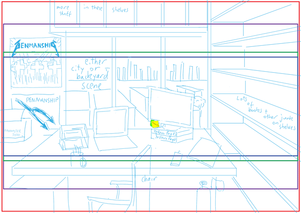 #1 draft version of illustration for office desk scene for Penmanship podcast. penmanship-draft-option-1-600