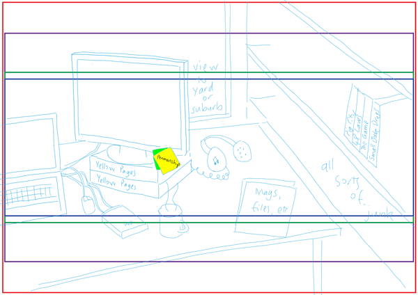 #2 draft version of illustration for office desk scene for Penmanship podcast. penmanship-draft-option-2-600