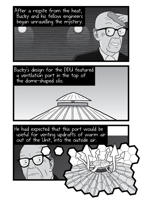 Black and white cartoon of Buckminster Fuller inside DDU. After a respite from the heat, Bucky and his fellow engineers began unravelling the mystery. Bucky’s design for the DDU featured a ventilation port in the top of the dome-shaped silo. He had expected that this port would be useful for venting updrafts of warm air out of the Unit, into the outside air.