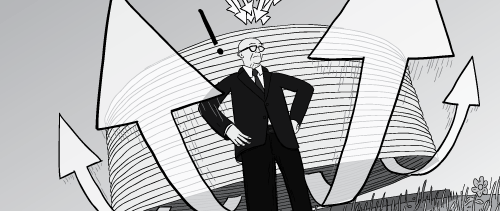 Buckminster Fuller standing near DDU with air current arrows.