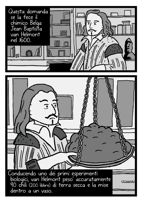 Disegno di Jean Baptista van Helmont. Vignetta con bilancia da laboratorio scientifico. Questa domanda se la fece il chimico Belga Jean Baptista van Helmont nel 1600. Conducendo uno dei primi esperimenti biologici, van Helmont peso' accuratamente 90 chili(200 libbre) di terra secca e la mise dentro a un vaso.