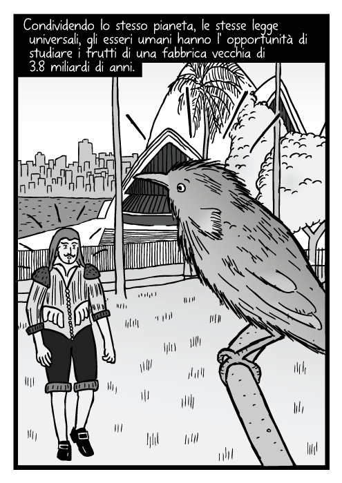 Disegno di uccello che vola via vicino al teatro dell'opera. Vignetta di uomo che pensa a un aereo jumbo jet. La natura ci avvisa di cosa e' possibile. Di cosa funziona. Dandoci l'ispirazione per provare a far le cose da soli.