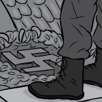 Thumbnail black and white image of army boots standing on rubble