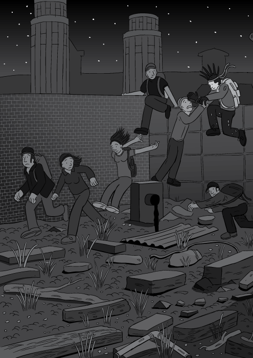 Black and white cartoon darkness night time. Young people running across rubble at night. Parody of Killing Joke album cover.
