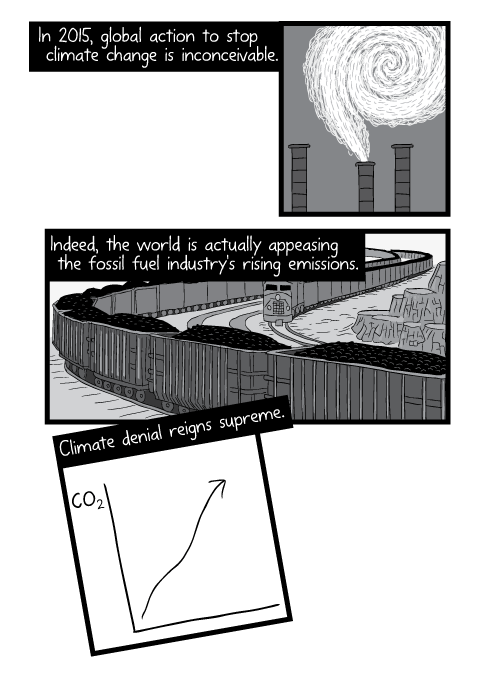 Black and white cartoon coal train, global warming imagery. In 2015, global action to stop climate change is inconceivable. Indeed, the world is actually appeasing the fossil fuel industry's rising emissions. Climate denial reigns supreme.