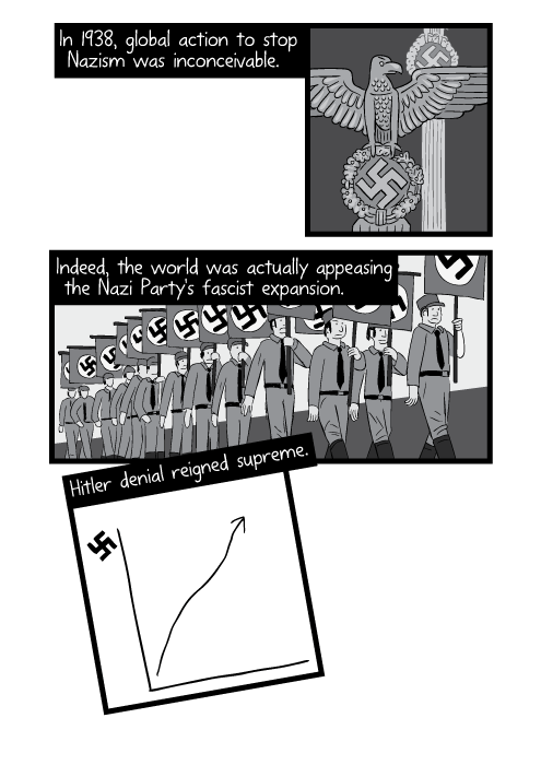 Black and white cartoon Nazi Party members marching with swastika signs. In 1938, global action to stop Nazism was inconceivable. Indeed, the world was actually appeasing the Nazi Party's fascist expansion. Hitler denial reigned supreme.