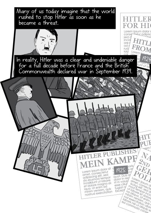 Black and white cartoon montage of Adolf Hitler photographs (drawings). Many of us today imagine that the world rushed to stop Hitler as soon as he became a threat. In reality, Hitler was a clear and undeniable danger for a full decade before France and the British Commonwealth declared war in September 1939.
