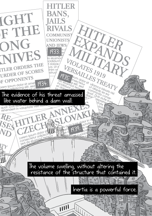 Black and white cartoon high angle drawing of hydroelectric dam. Hoover dam holding back newspaper clippings. The evidence of his threat amassed like water behind a dam wall: The volume swelling, without altering the resistance of the structure that contained it. Inertia is a powerful force.