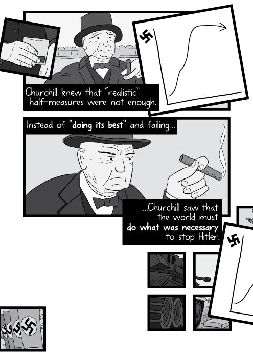 Black and white cartoon determined Winston Churchill thinking about Britain's strategy in World War II. Churchill knew that “realistic” half-measures were not enough. Instead of “doing its best” and failing, Churchill saw that the world must do what was necessary to stop Hitler.