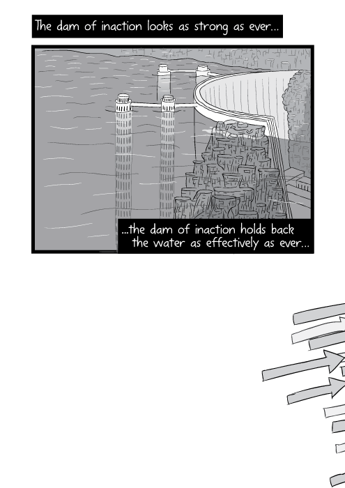 Black and white cartoon hydro dam almost full. The dam of inaction looks as strong as ever...the dam of inaction holds back the water as effectively as ever…