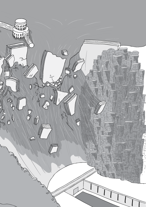 Black and white cartoon Hoover Dam failing. Crumbling concrete dam wall falling down as water spills over broken structure.