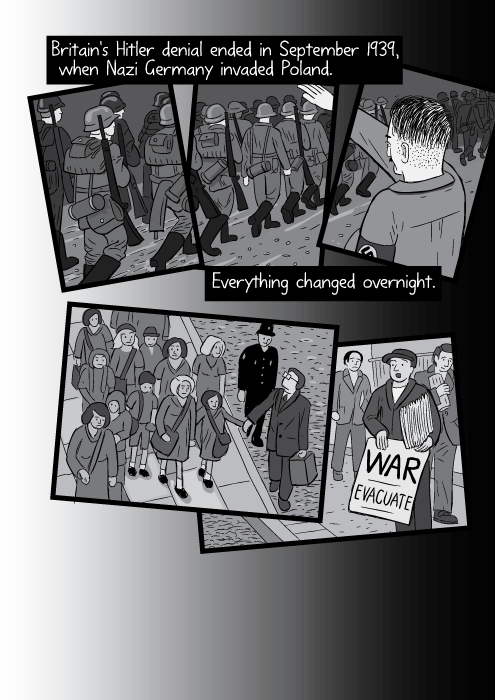 Black and white cartoon World War II drawing montage. Hitler saluting comic artwork. British war evacuation illustration. Britain's Hitler denial ended in September 1939, when Nazi Germany invaded Poland. Everything changed overnight.