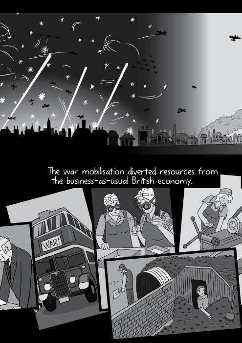 Black and white cartoon imagery of women entering the workforce during World War II. Female workers using machinery. The war mobilisation diverted resources from the business as usual British economy.