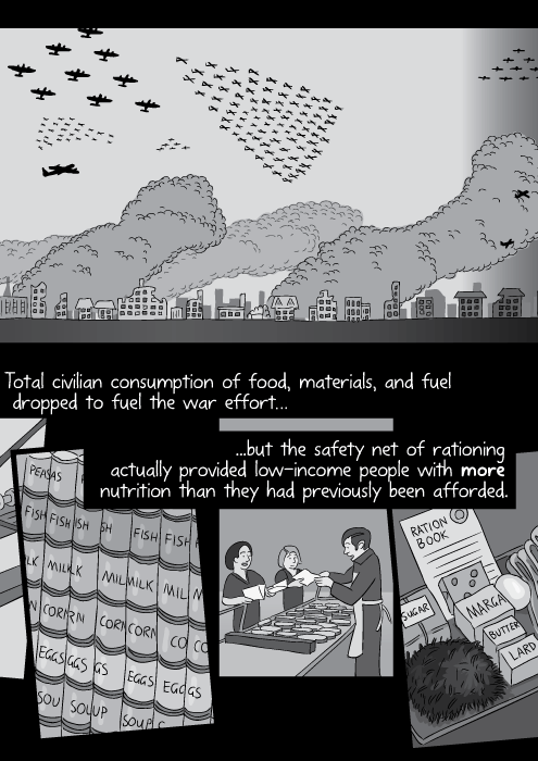 Black and white cartoon tinned food, rations in Britain during World War II. Total civilian consumption of food, materials, and fuel dropped to fuel the war effort...but the safety net of rationing actually provided low-income people with more nutrition than they had previously been afforded.