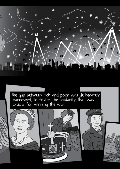 Black and white cartoon Queen Elizabeth II serving as mechanic during World War II, illustration drawing. The gap between rich and poor was deliberately narrowed, to foster the solidarity that was crucial for winning the war.