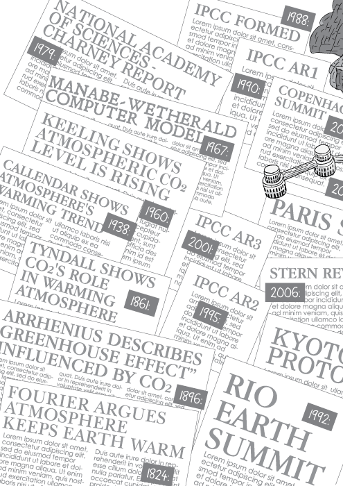 Black and white cartoon montage of newspaper clippings. The newspaper headlines relate to the evidence supporting climate change science.