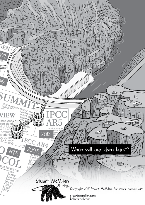 Black and white cartoon rear high angle view of Hoover Dam hydroelectric dam. Illustration shows the dam holding back newspaper headlines about global warming, and climate summits. When will our dam burst?