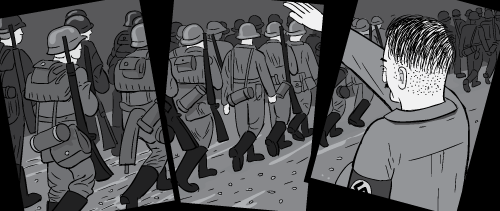 Black and white thumbnail cartoon Adolf Hitler saluting to Nazis