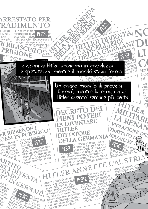 Le azioni di Hitler scalarono in grandezza e spietatezza, mentre il mondo stava fermo. Un chiaro modello di prove si formo', mentre la minaccia di Hitler divento' sempre più certa.