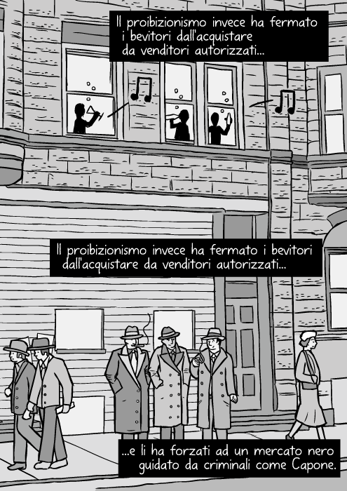 Disegno di una via di Chicago del 1930. Vignetta di gangster. Malavitosi che fumano. La proibizione della vendita di alcool del 1920 non ha estinto la voglia di bere degli Americani. Il proibizionismo invece ha fermato i bevitori dall'acquistare da venditori autorizzati e li ha forzati ad un mercato nero guidato da criminali come Capone.