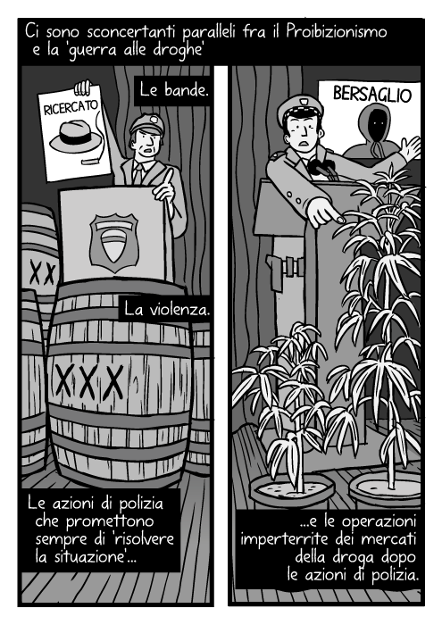 Disegno di botti del Proibizionismo. RICERCATO. BERSAGLIO. Vignetta di piante di marijuana. Visuale bassa di conferenza di polizia. Ci sono sconcertanti paralleli fra il Proibizionismo e la 'guerra alle droghe'. Le bande. La violenza. Le azioni di polizia che promettono sempre di 'risolvere la situazione' e le operazioni imperterrite dei mercati della droga dopo le azioni di polizia.