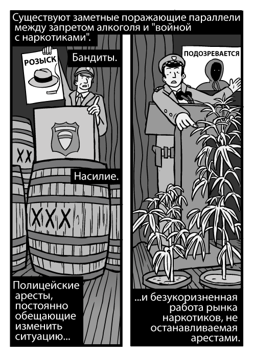Бочки с нелегальным алкоголем. Изображение растений конопли. Пресс-конференция, низкий ракурс. РОЗЫСК, ПОДОЗРЕВАЕТСЯ. Существуют поражающие параллели между запретом алкоголя и "войной с наркотиками". Бандиты. Насилие. Полицейские аресты, постоянно обещающие изменить ситуацию и безукоризненная работа рынка наркотиков, не останавливаемая арестами.
