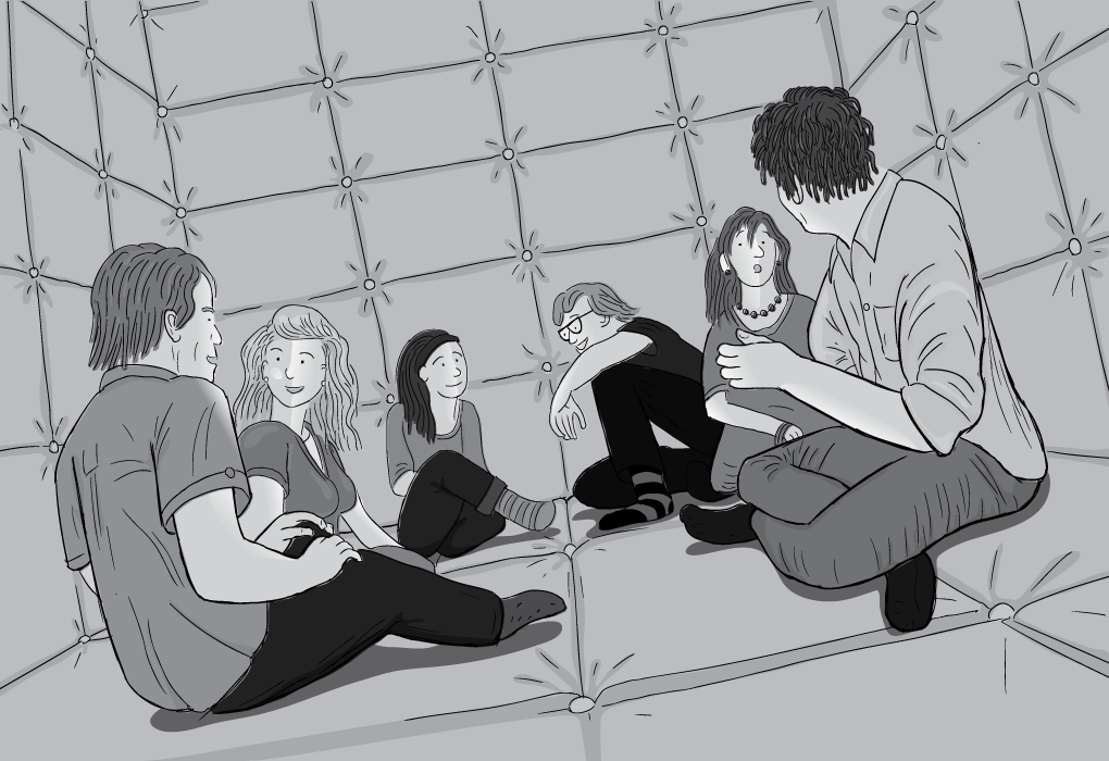 Schwarz/weiß-Cartoon von einem Man in einer Gummizelle. ‚Shoot out the lights‘Parodie des Album Covers von Richard and Linda Thompson. Zeichnung eines Mannes, der auf dem Boden einer Gummizelle sitzt, mit einer Überwachungskamera über ihm.