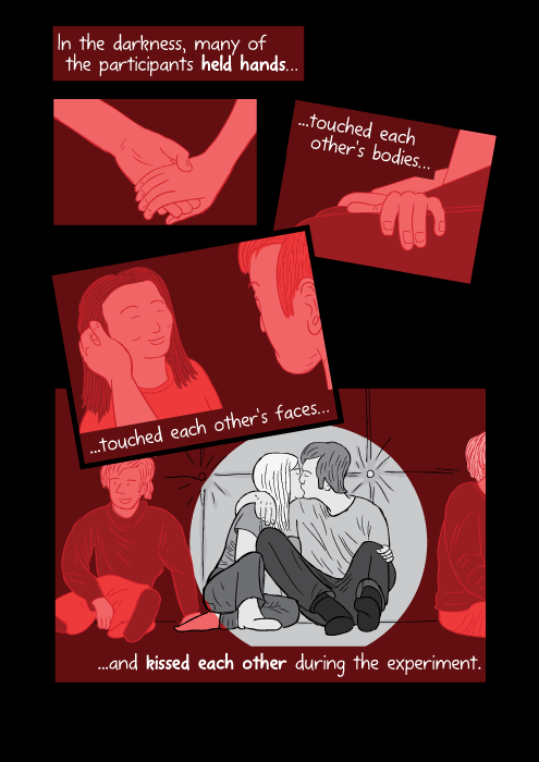Cartoon students kissing while in a spotlight beam circle. In the darkness, many of the participants held hands, touched each other's bodies, touched each other's faces and kissed each other during the experiment.