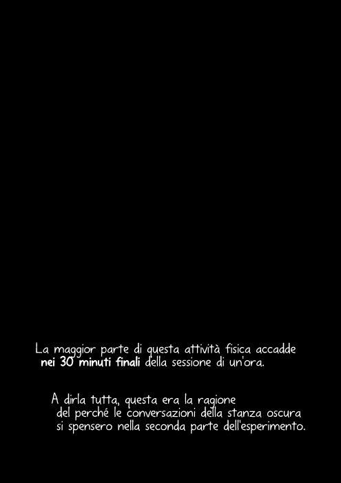 La maggior parte di questa attività fisica accadde nei 30 minuti finali della sessione di un'ora. A dirla tutta, questa era la ragione del perché le conversazioni della stanza oscura si spensero nella seconda parte dell'esperimento.