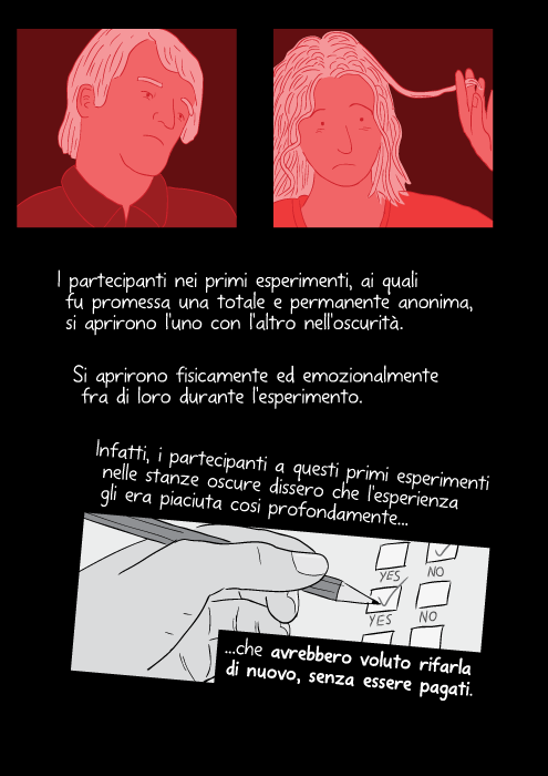 I partecipanti nei primi esperimenti, ai quali fu promessa una totale e permanente anonima, si aprirono l'uno con l'altro nell'oscurità. Si aprirono fisicamente ed emozionalmente fra di loro durante l'esperimento. Infatti, i partecipanti a questi primi esperimenti nelle stanze oscure dissero che l'esperienza gli era piaciuta cosi profondamente... che avrebbero voluto rifarla di nuovo, senza essere pagati.