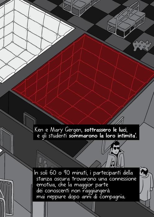 Ken e Mary Gergen, sottrassero le luci, e gli studenti sommarono la loro intimita'. In soli 60 o 90 minuti, i partecipanti della stanza oscura trovarono una connessione emotiva, che la maggior parte dei conoscenti non raggiungerà mai neppure dopo anni di compagnia.