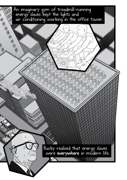 An imaginary gym of treadmill-running energy slaves kept the lights and air conditioning working in the office tower. Bucky realised that energy slaves were everywhere in modern life.