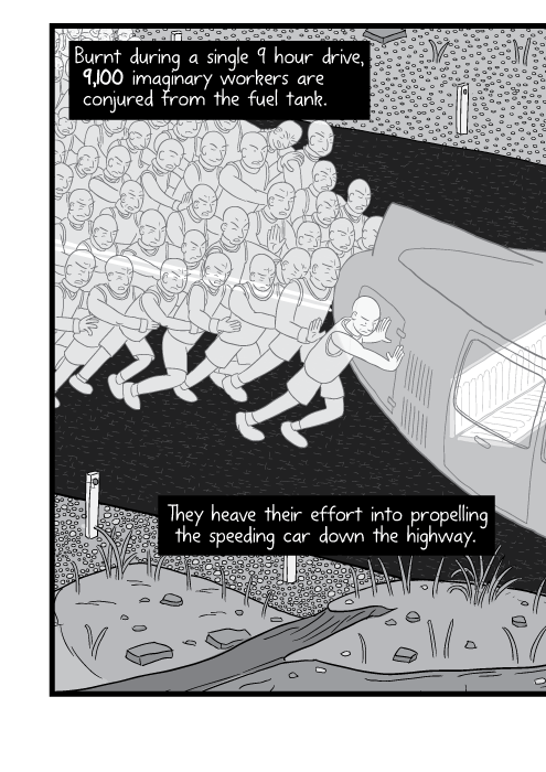 Burnt during a single 9 hour drive, 9,100 imaginary workers are conjured from the fuel tank.