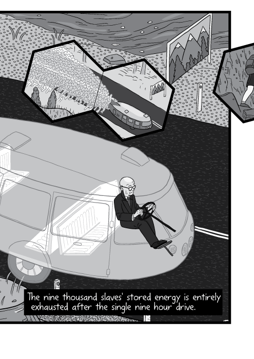 They heave their effort into propelling the speeding car down the highway. The nine thousand slaves' stored energy is entirely exhausted after the single nine hour drive.