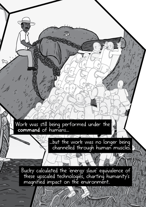 Bucky calculated the 'energy slave' equivalence of these upscaled technologies, charting humanity's magnified impact on the environment.