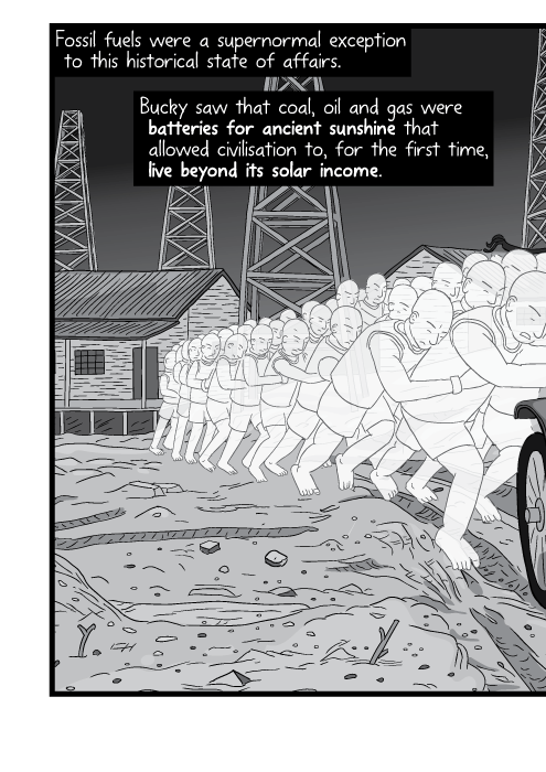 Fossil fuels were a supernormal exception to this historical state of affairs. Bucky saw that coal, oil and gas were batteries for ancient sunshine that allowed civilisation to, for the first time, live beyond its solar income.