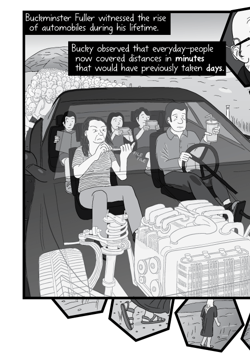 Buckminster Fuller witnessed the rise of automobiles during his lifetime. Bucky observed that everyday-people now covered distances in minutes that would have previously taken days.