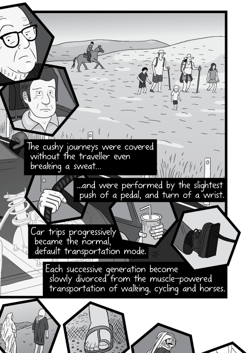 The cushy journeys were covered without the traveller even breaking a sweat… ...and were performed by the slightest push of a pedal, and turn of a wrist. Car trips progressively became the normal, default transportation mode. Each successive generation become slowly divorced from the muscle-powered transportation of walking, cycling and horses.